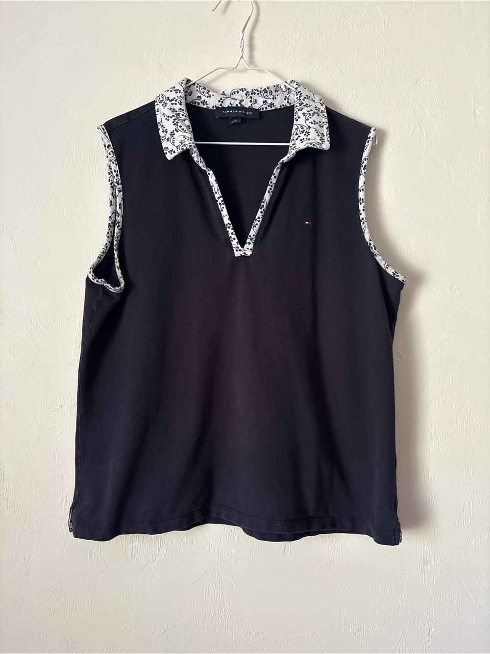 Tommy Hilfiger Black Sleeveless Polo Top with White Floral Trim